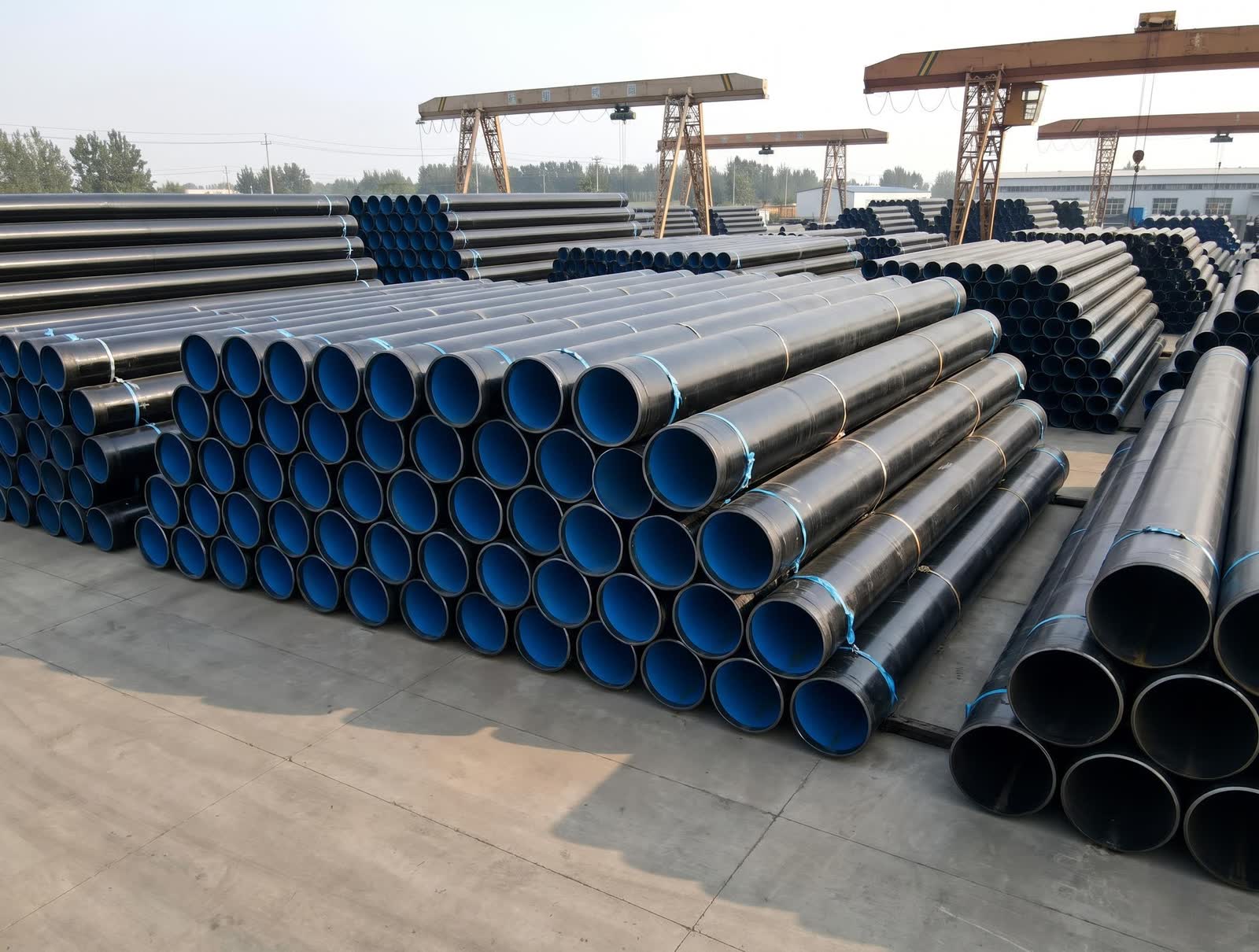 Stacks of alloy seamless pipe with protective end caps in the storage yard