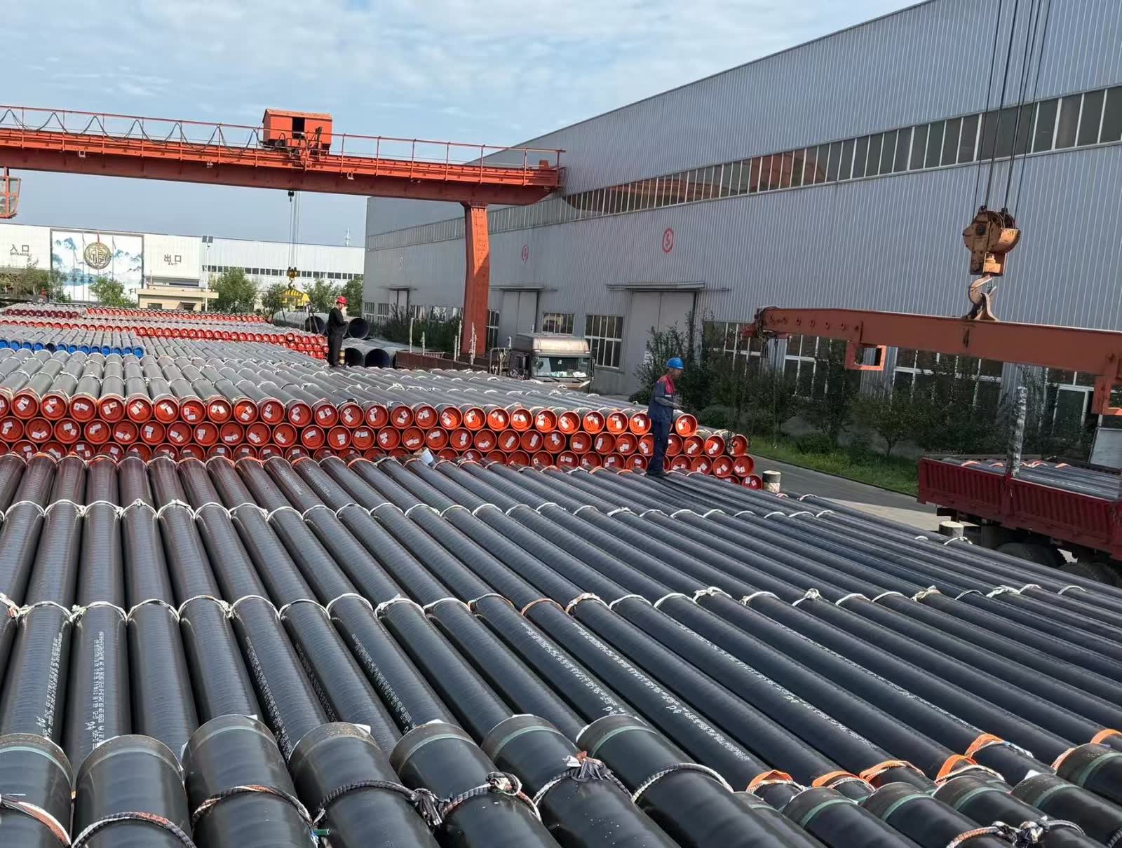 Large-diameter pipe storage yard with crane